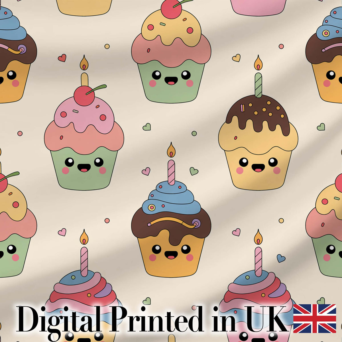 CuteKawaii Birthday Cupcakes Cherry Candle Pastel Sweet Treats Seamless Pattern Digital Print Fabric by the Metre UK Sewing Quilting Textile