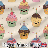 CuteKawaii Birthday Cupcakes Cherry Candle Pastel Sweet Treats Seamless Pattern Digital Print Fabric by the Metre UK Sewing Quilting Textile