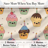 CuteKawaii Birthday Cupcakes Cherry Candle Pastel Sweet Treats Seamless Pattern Digital Print Fabric by the Metre UK Sewing Quilting Textile