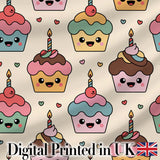 Cute Kawaii Birthday Cupcakes Hearts Candle Sprinkles Pastel Seamless Pattern Digital Print Fabric by the Metre UK Sewing Quilting Textile