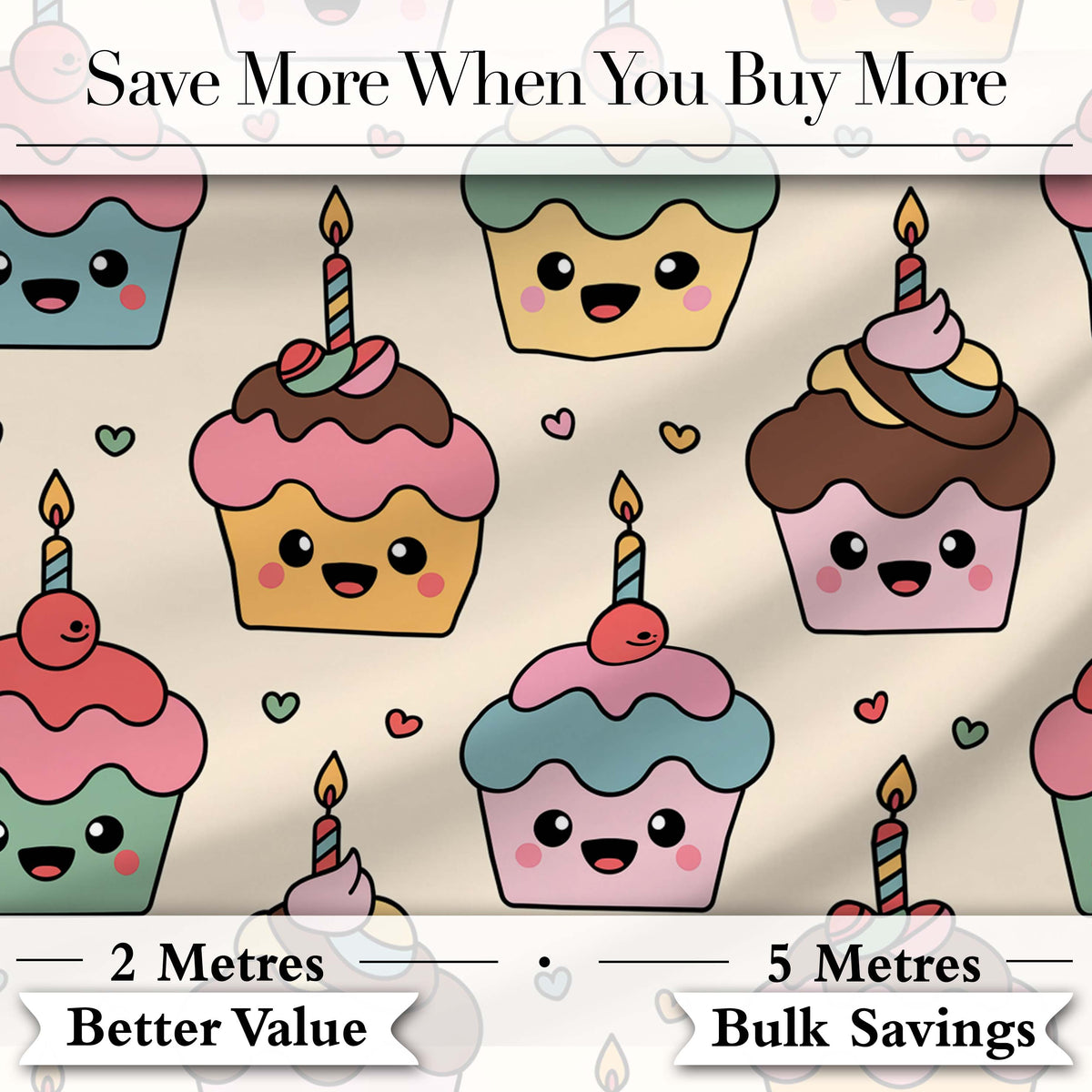 Cute Kawaii Birthday Cupcakes Hearts Candle Sprinkles Pastel Seamless Pattern Digital Print Fabric by the Metre UK Sewing Quilting Textile