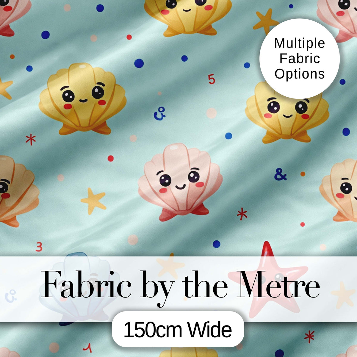 Cute Kawaii Seashells Starfish Ocean Beach Fun Seamless Pattern Digital Print Fabric by the Metre UK Sewing Quilting Textile