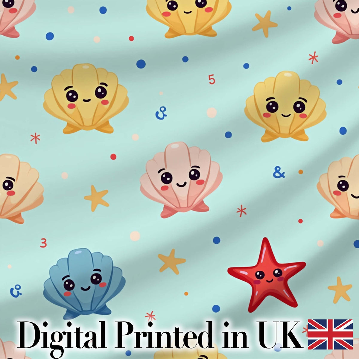 Cute Kawaii Seashells Starfish Ocean Beach Fun Seamless Pattern Digital Print Fabric by the Metre UK Sewing Quilting Textile