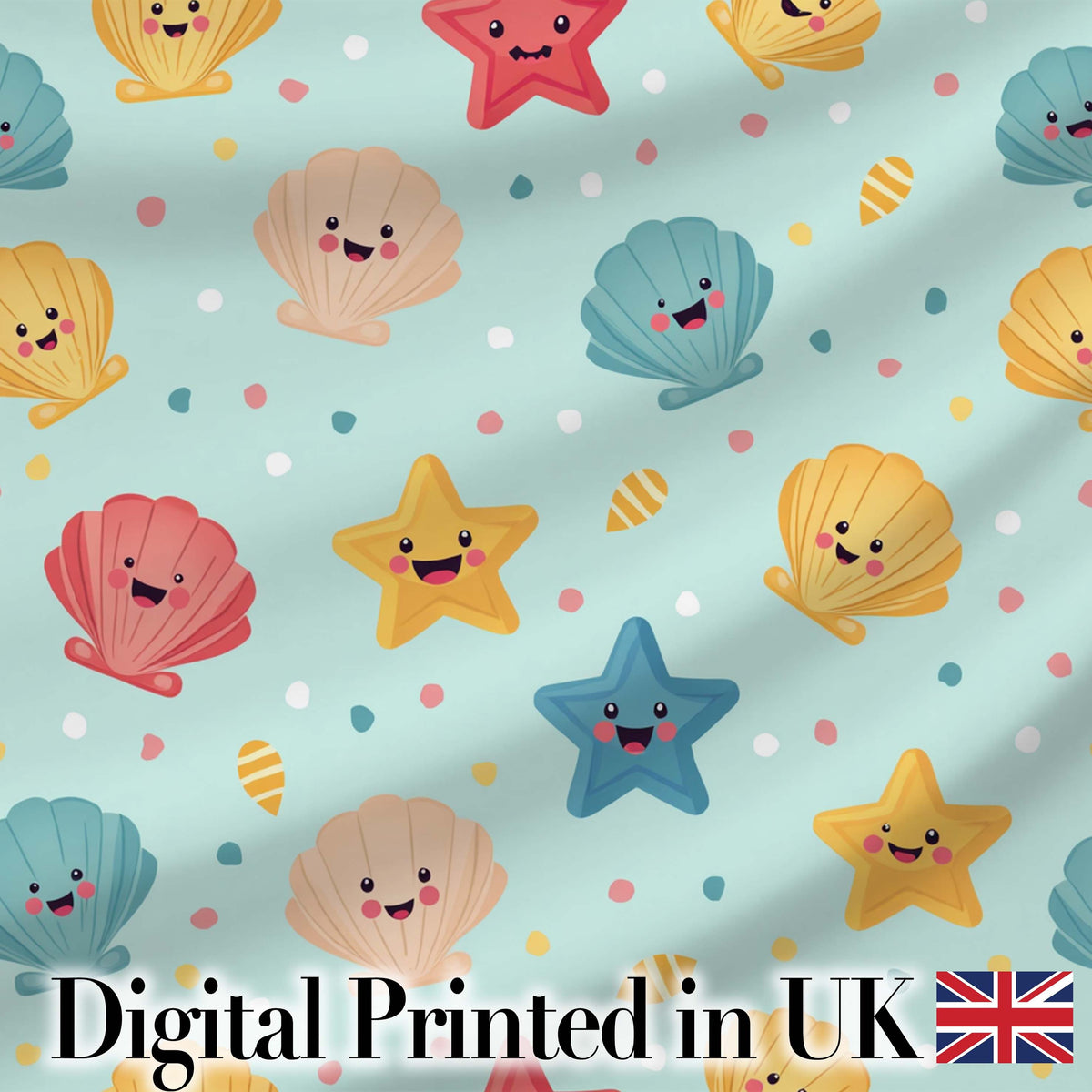 Cute Kawaii Seashells Starfish Pastel Ocean Confetti Seamless Pattern Digital Print Fabric by the Metre UK Sewing Quilting Textile