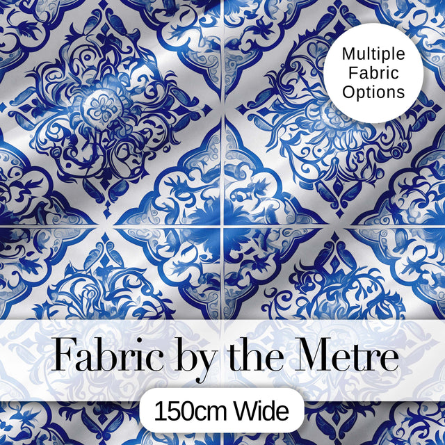 Blue Portuguese Azulejo Ornamental Tile Seamless Pattern Digital Print Fabric by the Metre UK Sewing Quilting Textile