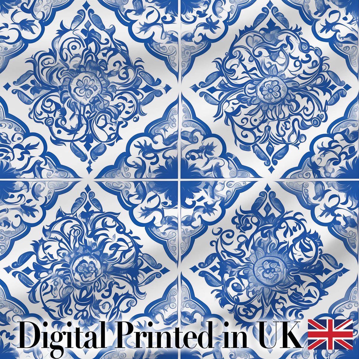 Blue Portuguese Azulejo Ornamental Tile Seamless Pattern Digital Print Fabric by the Metre UK Sewing Quilting Textile