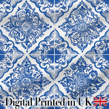 Blue Portuguese Azulejo Ornamental Tile Seamless Pattern Digital Print Fabric by the Metre UK Sewing Quilting Textile