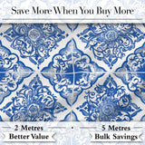 Blue Portuguese Azulejo Ornamental Tile Seamless Pattern Digital Print Fabric by the Metre UK Sewing Quilting Textile