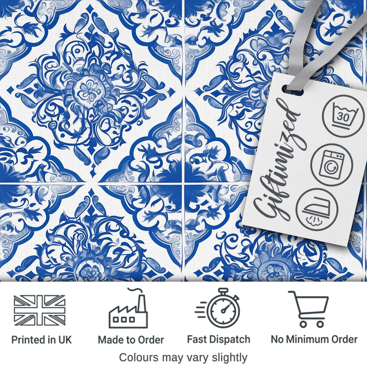 Blue Portuguese Azulejo Ornamental Tile Seamless Pattern Digital Print Fabric by the Metre UK Sewing Quilting Textile