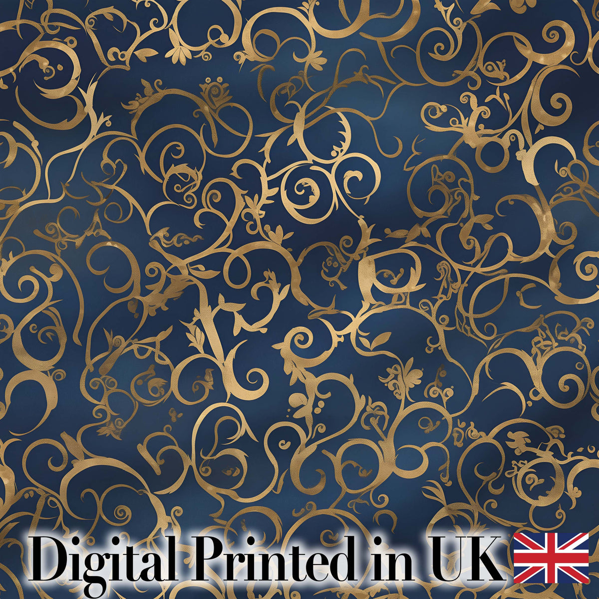 Luxury Gold Floral Vine Scroll on Deep Blue Elegant Seamless Pattern Digital Print Fabric by the Metre UK Sewing Quilting Textile