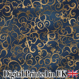 Luxury Gold Floral Vine Scroll on Deep Blue Elegant Seamless Pattern Digital Print Fabric by the Metre UK Sewing Quilting Textile