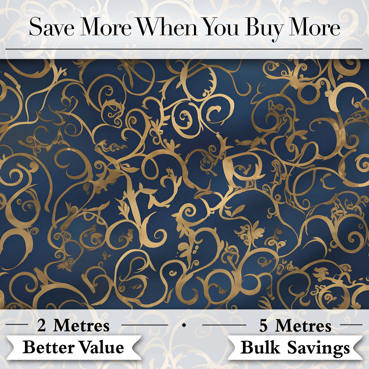Luxury Gold Floral Vine Scroll on Deep Blue Elegant Seamless Pattern Digital Print Fabric by the Metre UK Sewing Quilting Textile