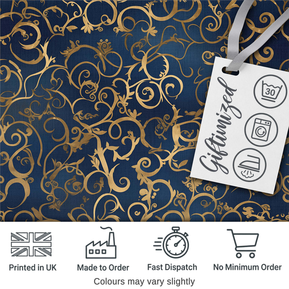 Luxury Gold Floral Vine Scroll on Deep Blue Elegant Seamless Pattern Digital Print Fabric by the Metre UK Sewing Quilting Textile