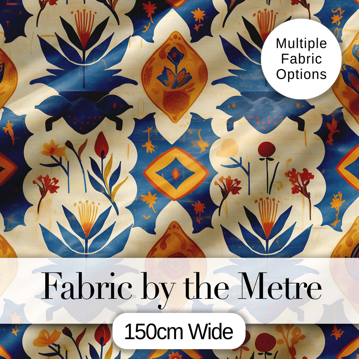 Vintage Folk Art Floral Motif Scandinavian Style Seamless Pattern Digital Print Fabric by the Metre UK Sewing Quilting Textile