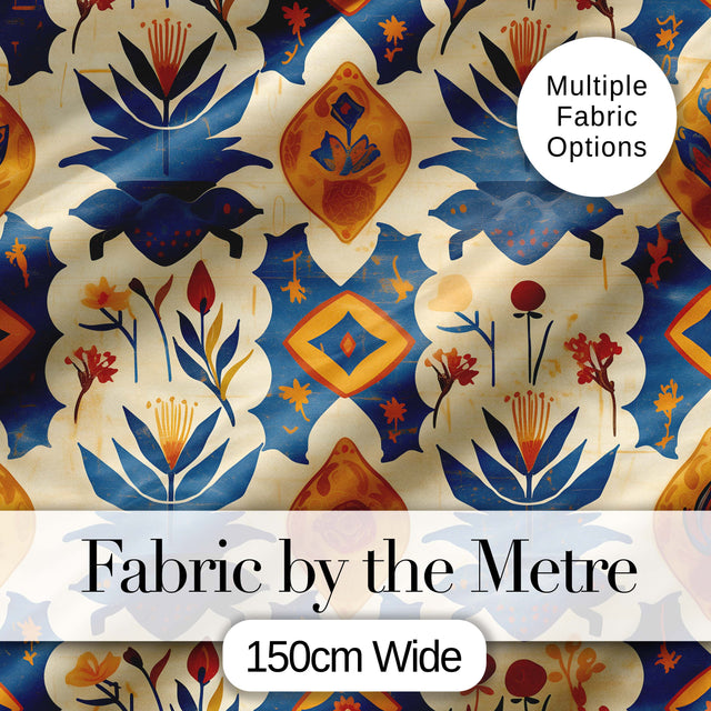 Vintage Folk Art Floral Motif Scandinavian Style Seamless Pattern Digital Print Fabric by the Metre UK Sewing Quilting Textile