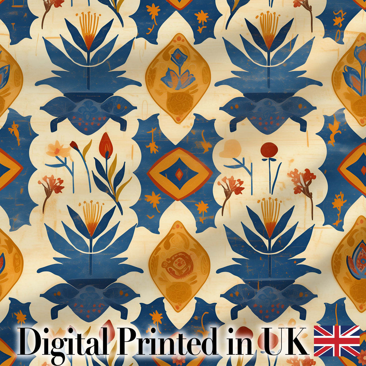 Vintage Folk Art Floral Motif Scandinavian Style Seamless Pattern Digital Print Fabric by the Metre UK Sewing Quilting Textile