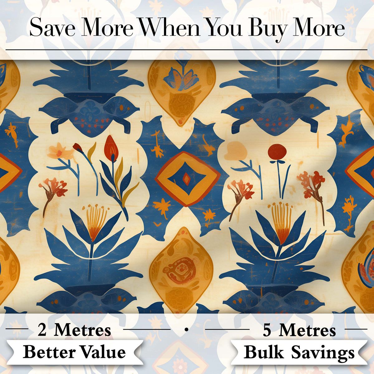 Vintage Folk Art Floral Motif Scandinavian Style Seamless Pattern Digital Print Fabric by the Metre UK Sewing Quilting Textile