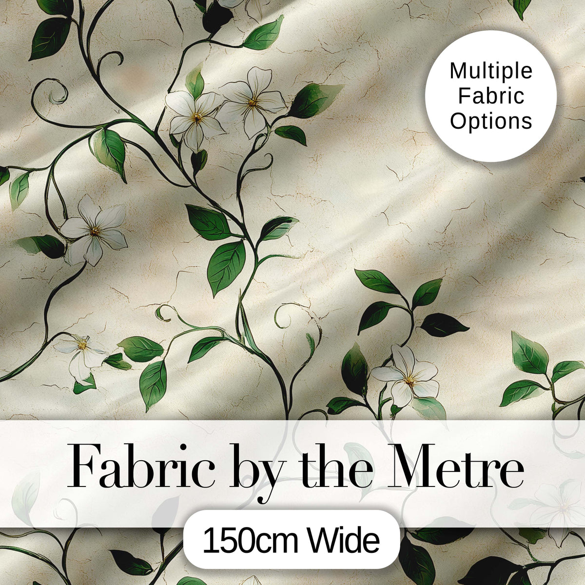 Delicate White Floral Vine on Textured Beige Elegant Seamless Pattern Digital Print Fabric by the Metre UK Sewing Quilting Textile