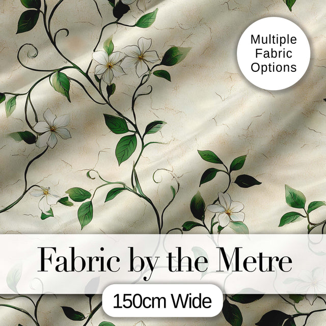 Delicate White Floral Vine on Textured Beige Elegant Seamless Pattern Digital Print Fabric by the Metre UK Sewing Quilting Textile