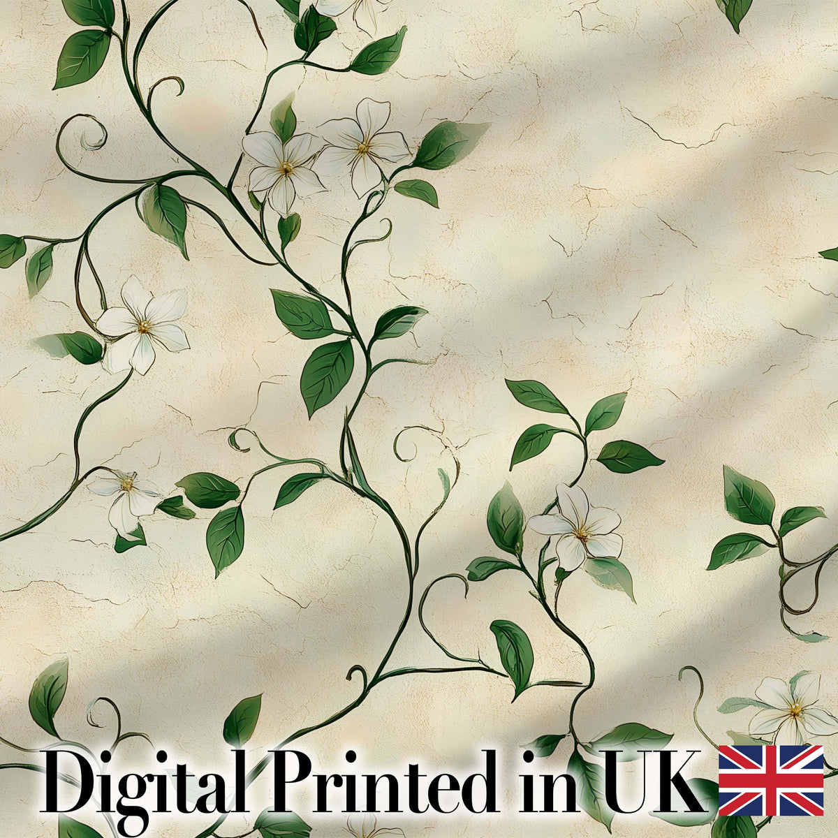 Delicate White Floral Vine on Textured Beige Elegant Seamless Pattern Digital Print Fabric by the Metre UK Sewing Quilting Textile
