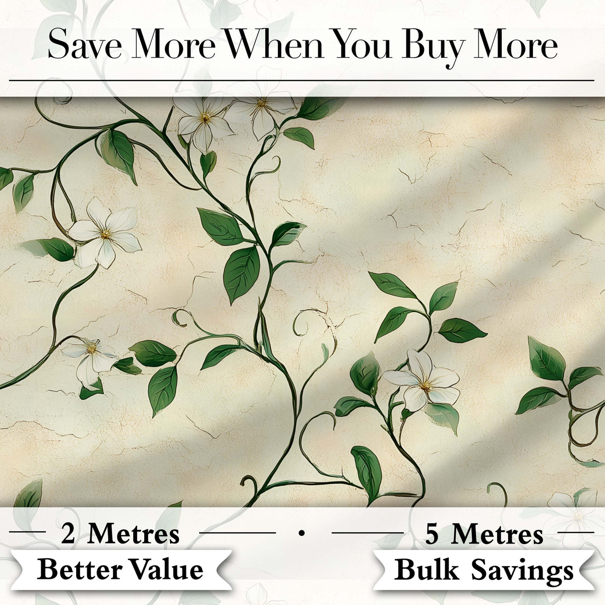 Delicate White Floral Vine on Textured Beige Elegant Seamless Pattern Digital Print Fabric by the Metre UK Sewing Quilting Textile