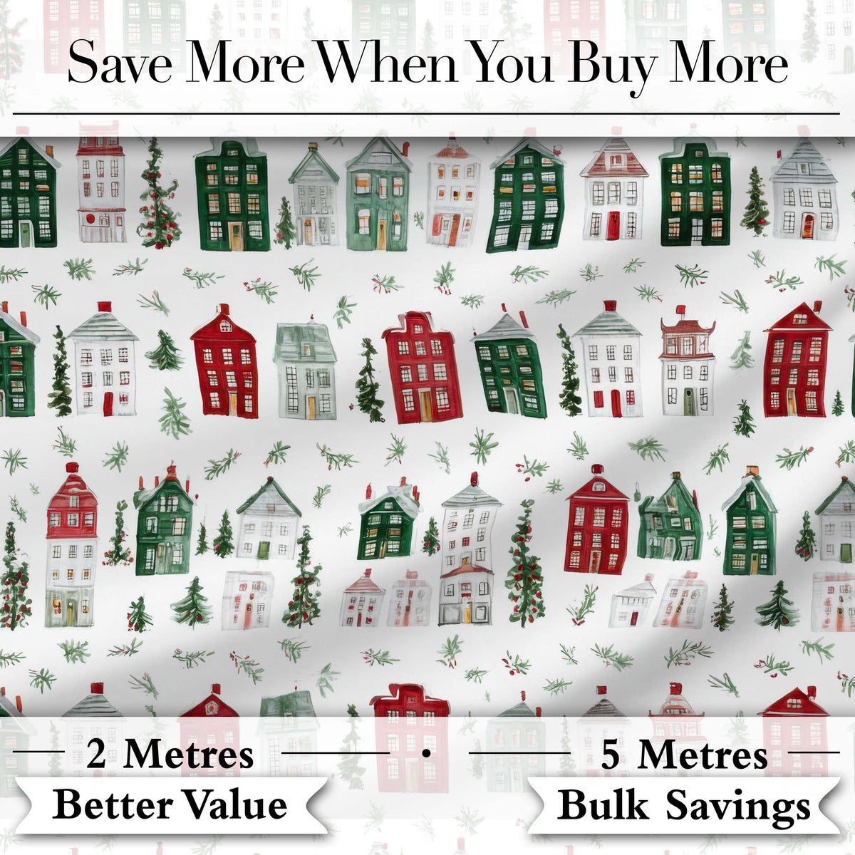 Watercolor Holiday Village Houses Snowy Christmas Town Seamless Pattern Digital Print Fabric by the Metre UK Sewing Quilting Textile