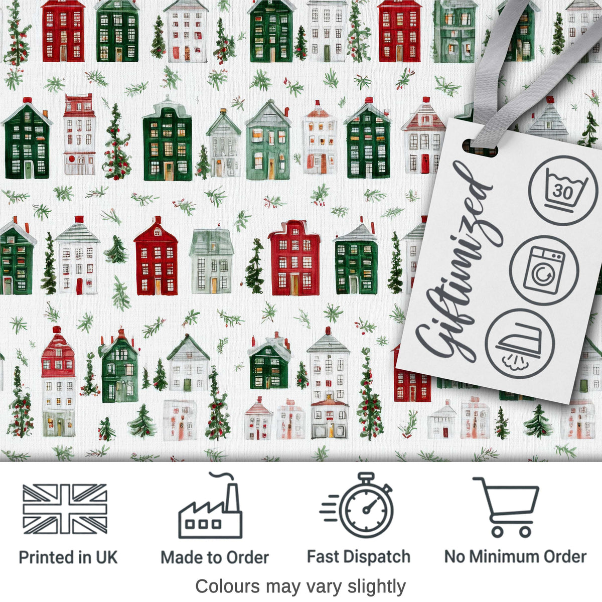 Watercolor Holiday Village Houses Snowy Christmas Town Seamless Pattern Digital Print Fabric by the Metre UK Sewing Quilting Textile