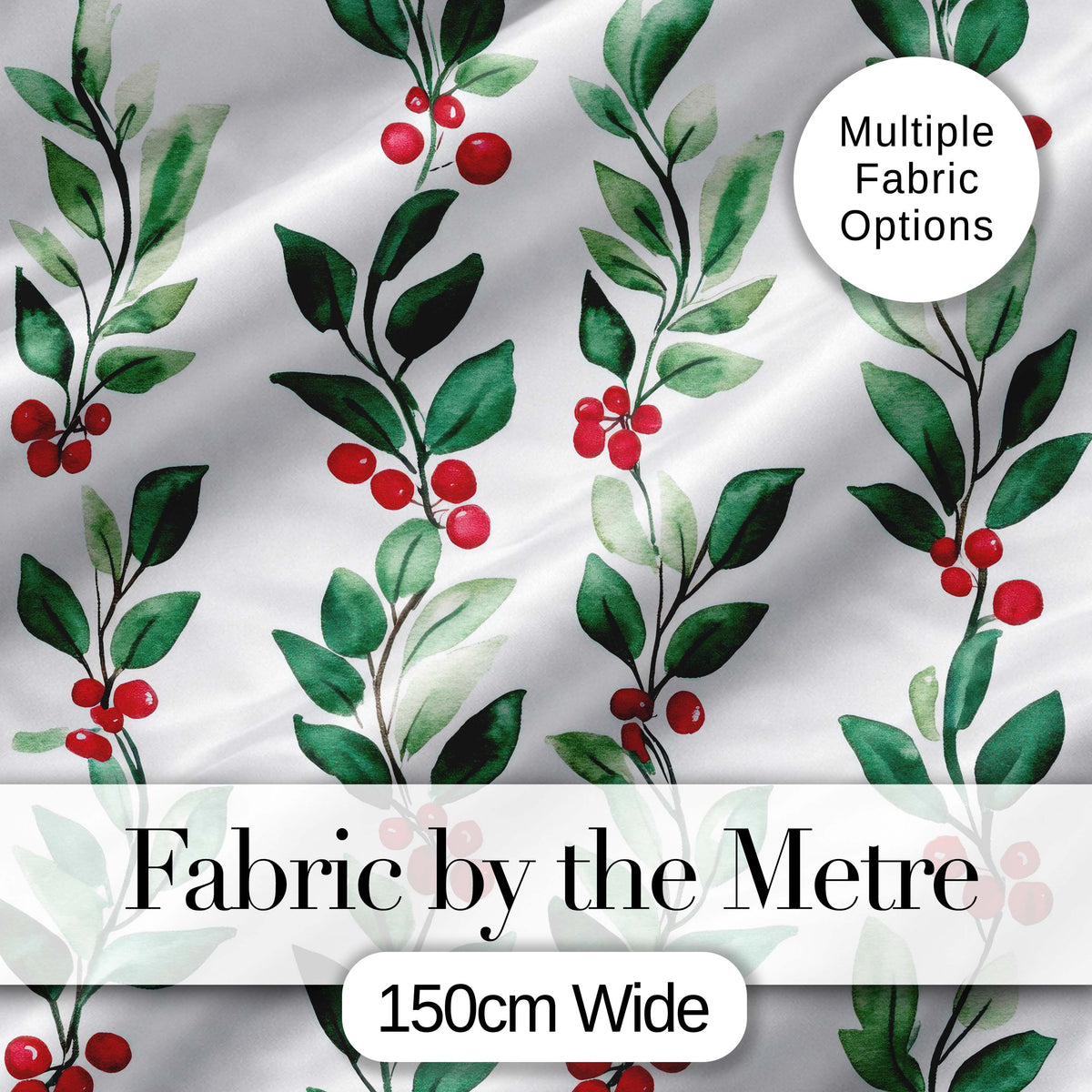 Watercolor Winter Berry Branches Red Green Seamless Pattern Digital Print Fabric by the Metre UK Sewing Quilting Textile