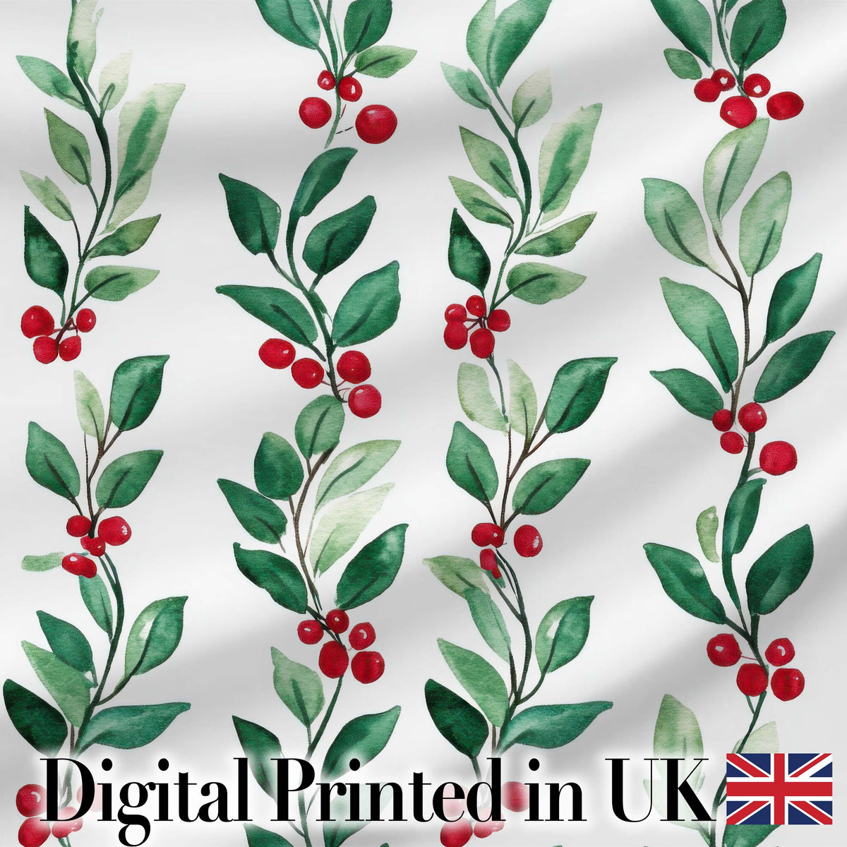 Watercolor Winter Berry Branches Red Green Seamless Pattern Digital Print Fabric by the Metre UK Sewing Quilting Textile