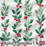 Watercolor Winter Berry Branches Red Green Seamless Pattern Digital Print Fabric by the Metre UK Sewing Quilting Textile