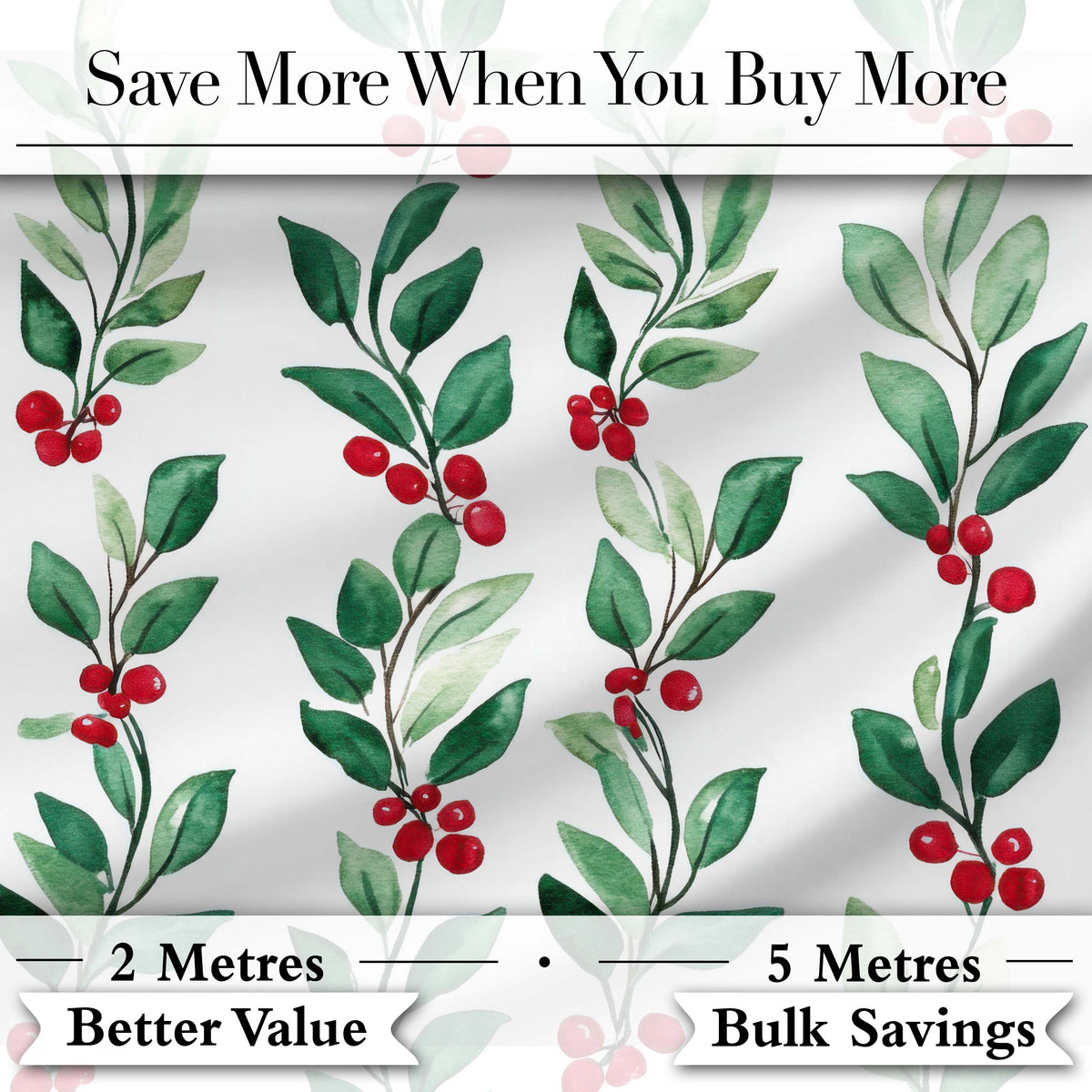Watercolor Winter Berry Branches Red Green Seamless Pattern Digital Print Fabric by the Metre UK Sewing Quilting Textile