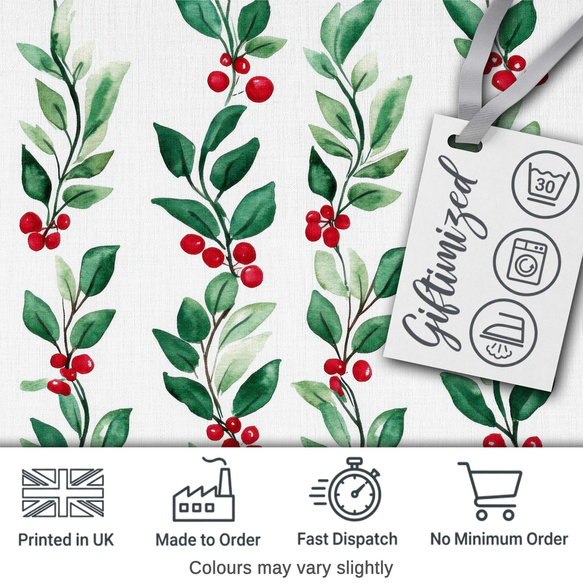 Watercolor Winter Berry Branches Red Green Seamless Pattern Digital Print Fabric by the Metre UK Sewing Quilting Textile