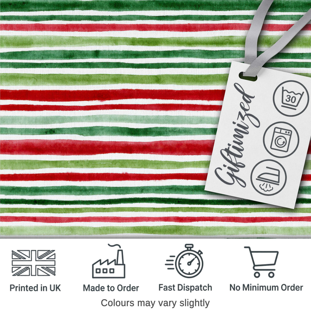 Watercolor Red Green Horizontal Stripe Christmas Seamless Pattern Digital Print Fabric by the Metre UK Sewing Quilting Textile