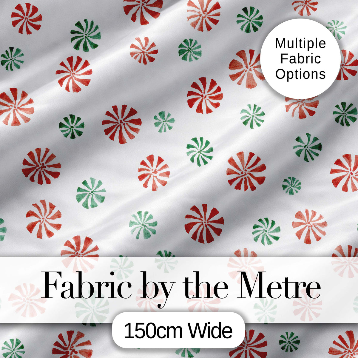 Watercolor Peppermint Candy Red Green Holiday Seamless Pattern Digital Print Fabric by the Metre UK Sewing Quilting Textile