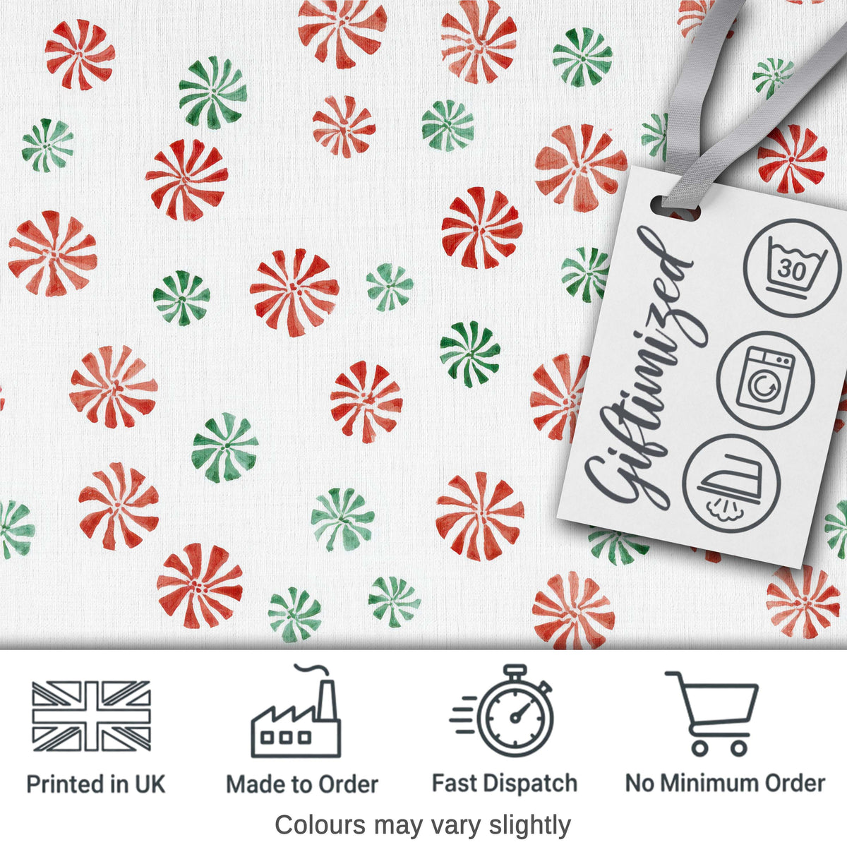 Watercolor Peppermint Candy Red Green Holiday Seamless Pattern Digital Print Fabric by the Metre UK Sewing Quilting Textile