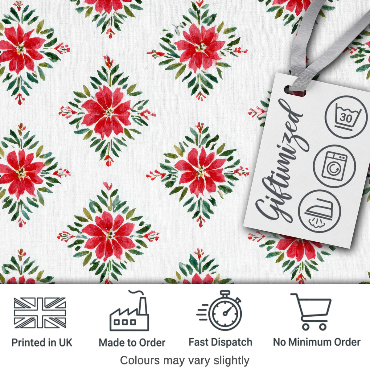 Watercolor Poinsettia Floral Christmas Festive Seamless Pattern Digital Print Fabric by the Metre UK Sewing Quilting Textile