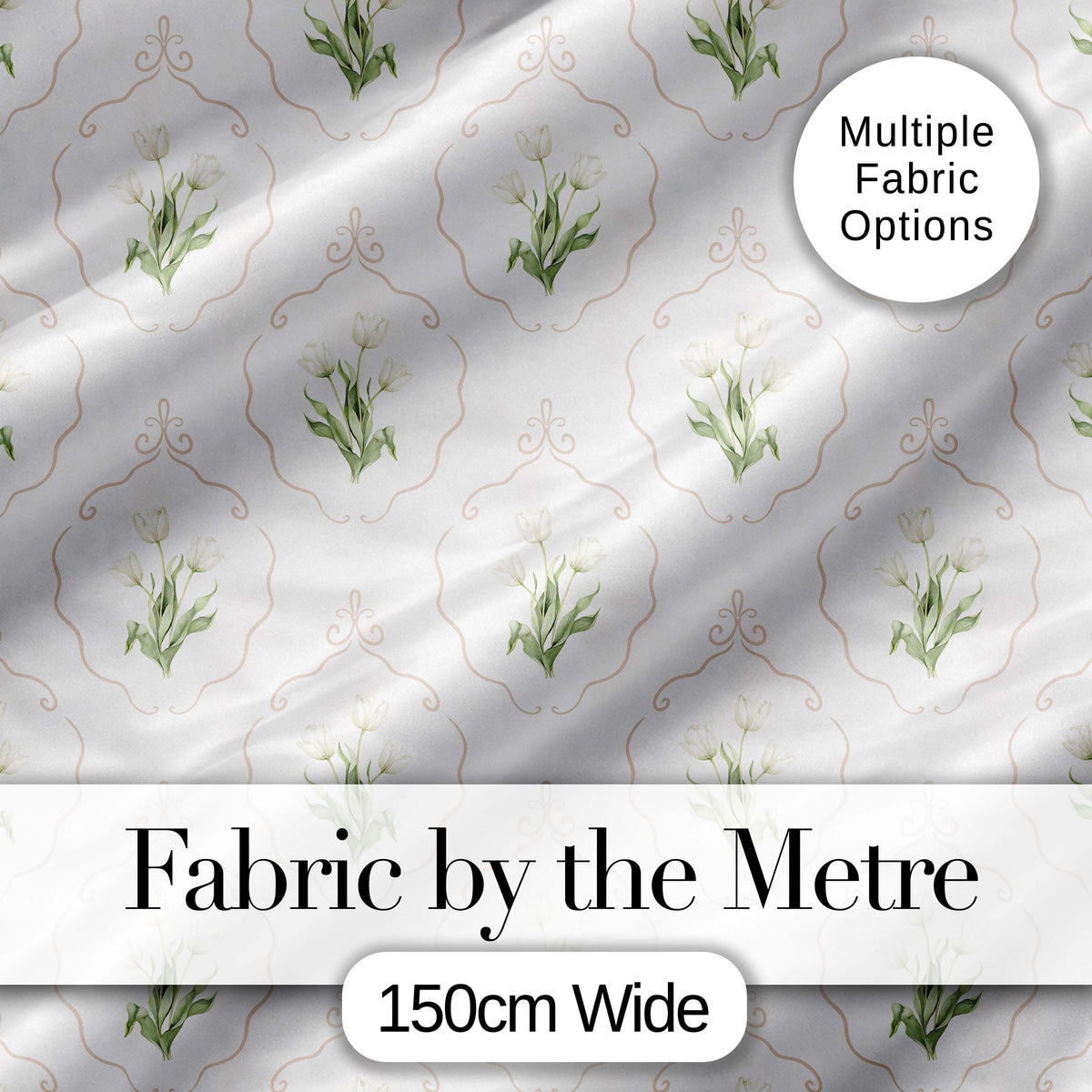 Elegant Tulip Floral Frame Neutral Seamless Pattern Digital Print Fabric by the Metre UK Sewing Quilting Textile