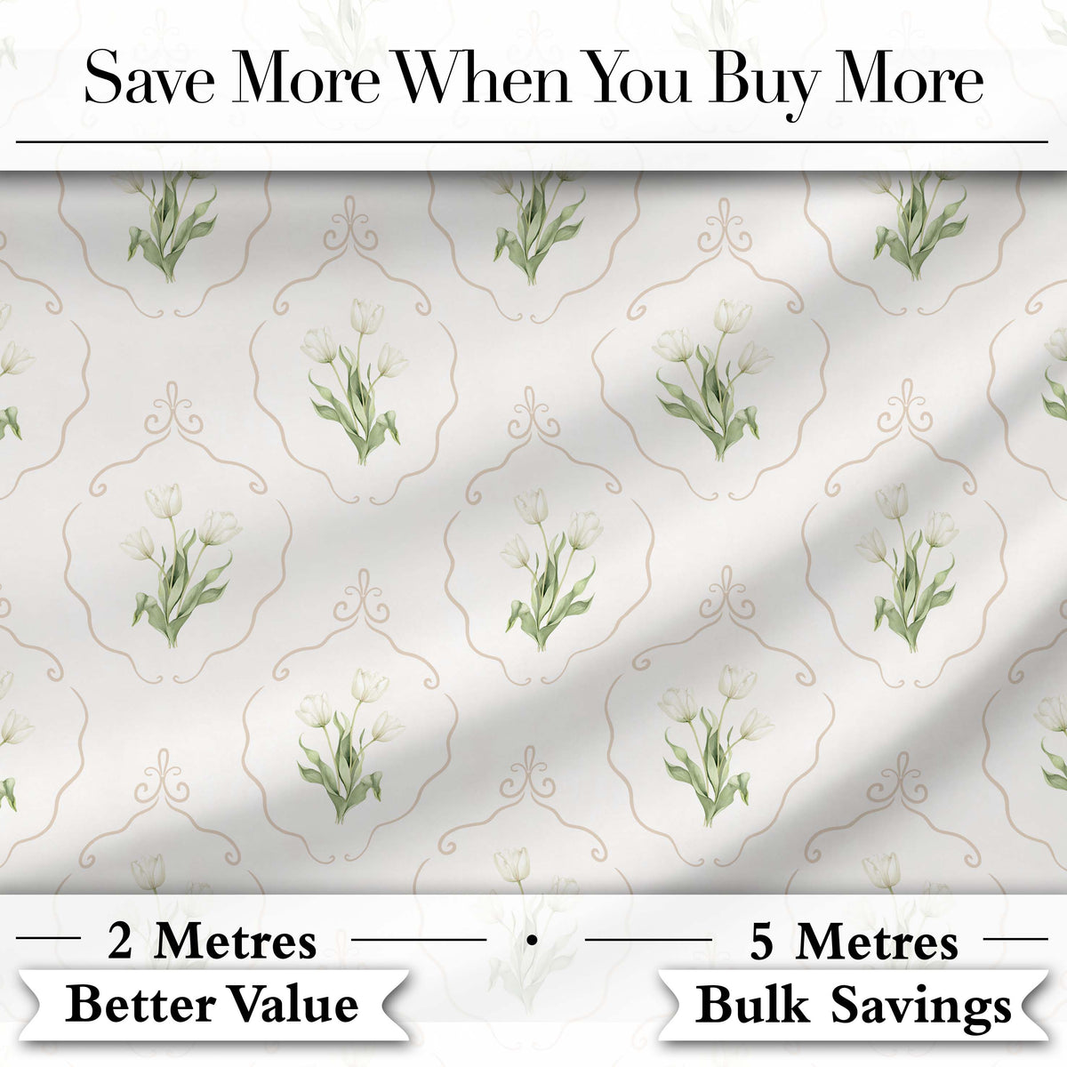 Elegant Tulip Floral Frame Neutral Seamless Pattern Digital Print Fabric by the Metre UK Sewing Quilting Textile