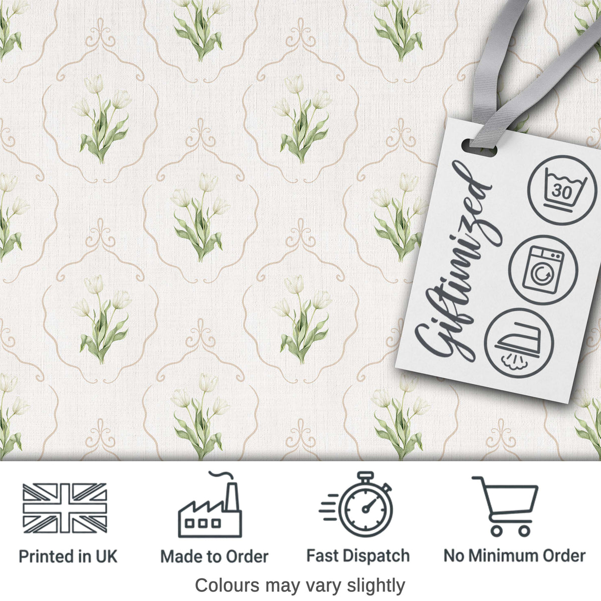 Elegant Tulip Floral Frame Neutral Seamless Pattern Digital Print Fabric by the Metre UK Sewing Quilting Textile