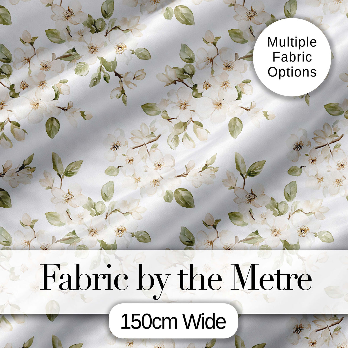 Soft White Blossom Floral Branch Seamless Pattern Digital Print Fabric by the Metre UK Sewing Quilting Textile
