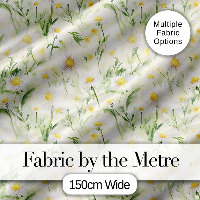 Watercolor Daisy Wildflower Meadow Botanical Seamless Pattern Digital Print Fabric by the Metre UK Sewing Quilting Textile