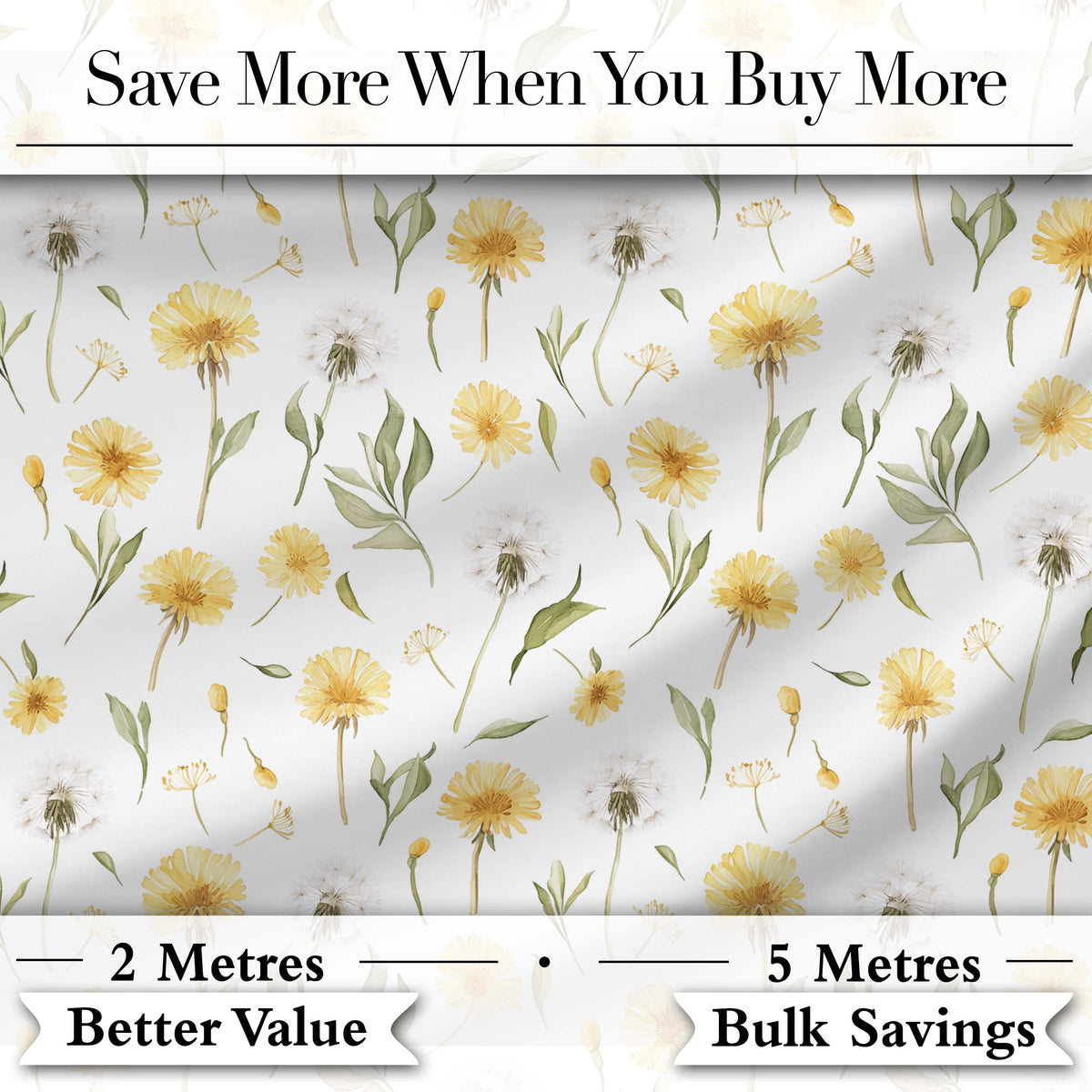 Yellow Dandelion Wildflower Botanical Seamless Pattern Digital Print Fabric by the Metre UK Sewing Quilting Textile