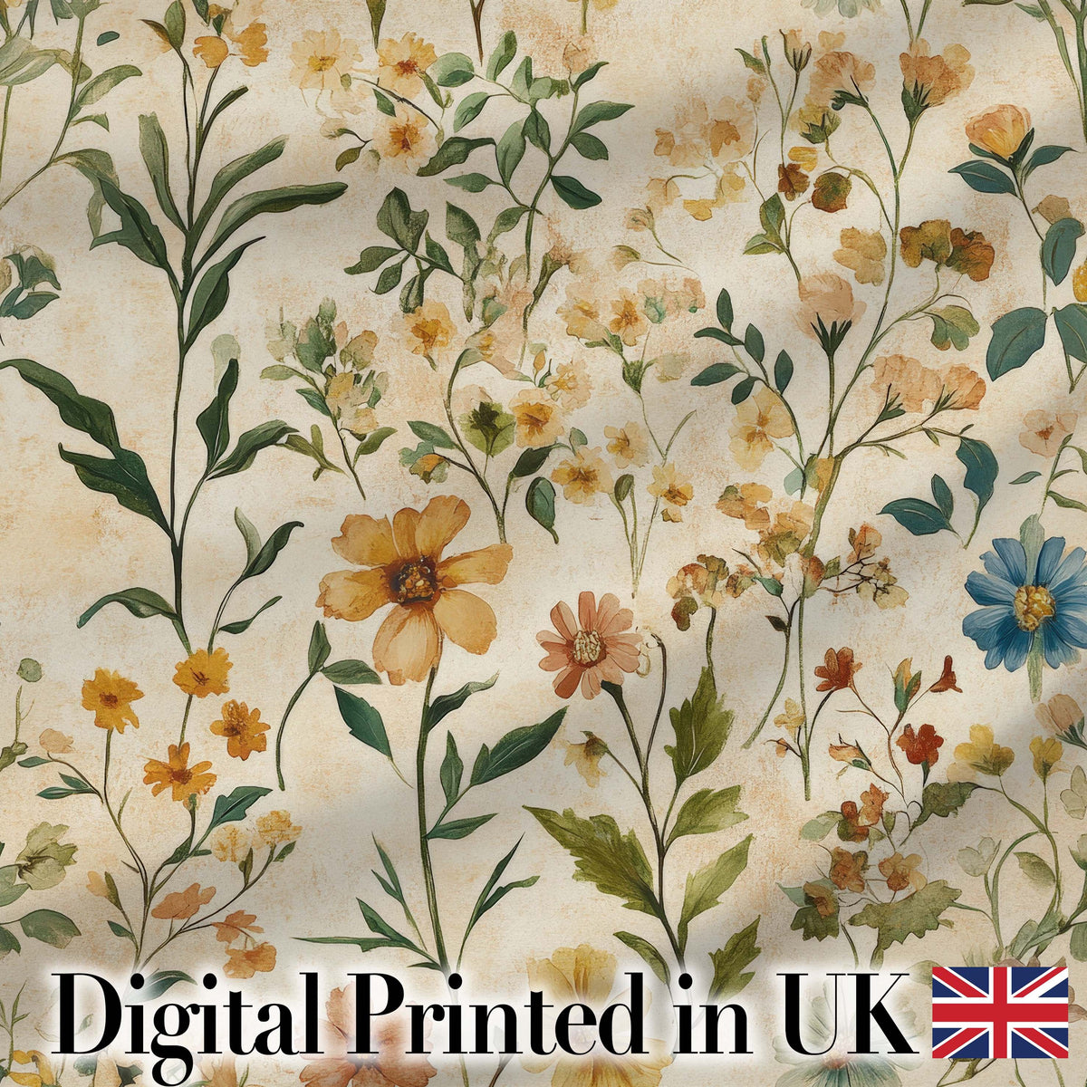 Soft Vintage Wildflower Botanical on Warm Neutral Background Seamless Pattern Digital Print Fabric by the Metre UK Sewing Quilting Textile