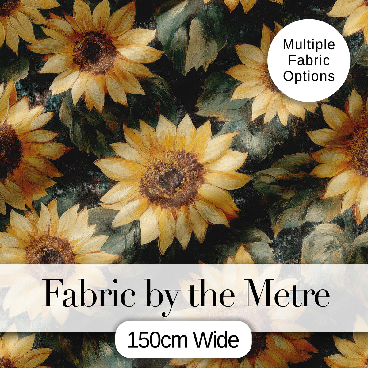 Rich Painterly Sunflower Floral Dark Background Seamless Pattern Digital Print Fabric by the Metre UK Sewing Quilting Textile