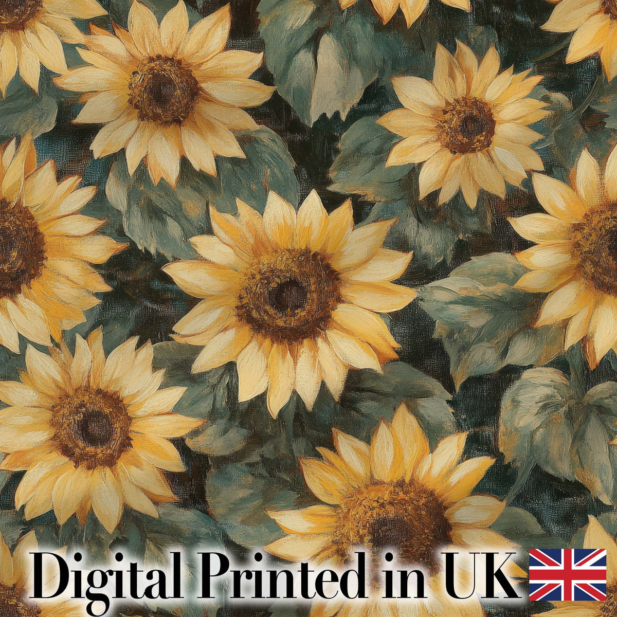 Rich Painterly Sunflower Floral Dark Background Seamless Pattern Digital Print Fabric by the Metre UK Sewing Quilting Textile