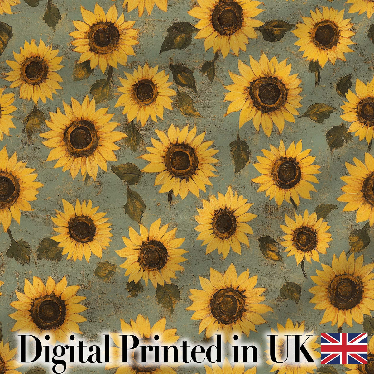 Golden Sunflower Floral on Textured Blue Background Seamless Pattern Digital Print Fabric by the Metre UK Sewing Quilting Textile