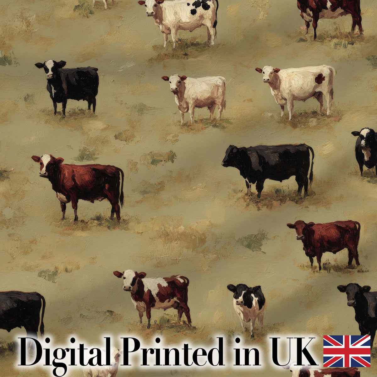 Farm Cow Cattle Pasture Illustration Seamless Pattern Digital Print Fabric by the Metre UK Sewing Quilting Textile