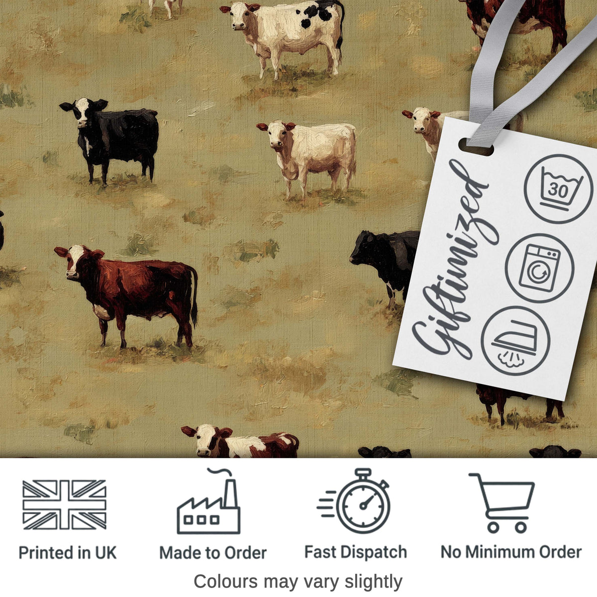 Farm Cow Cattle Pasture Illustration Seamless Pattern Digital Print Fabric by the Metre UK Sewing Quilting Textile