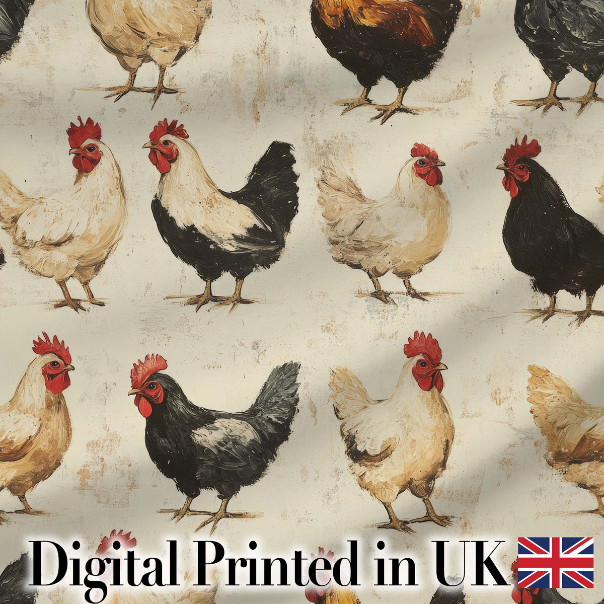 Country Farm Chicken Variety Illustration Seamless Pattern Digital Print Fabric by the Metre UK Sewing Quilting Textile