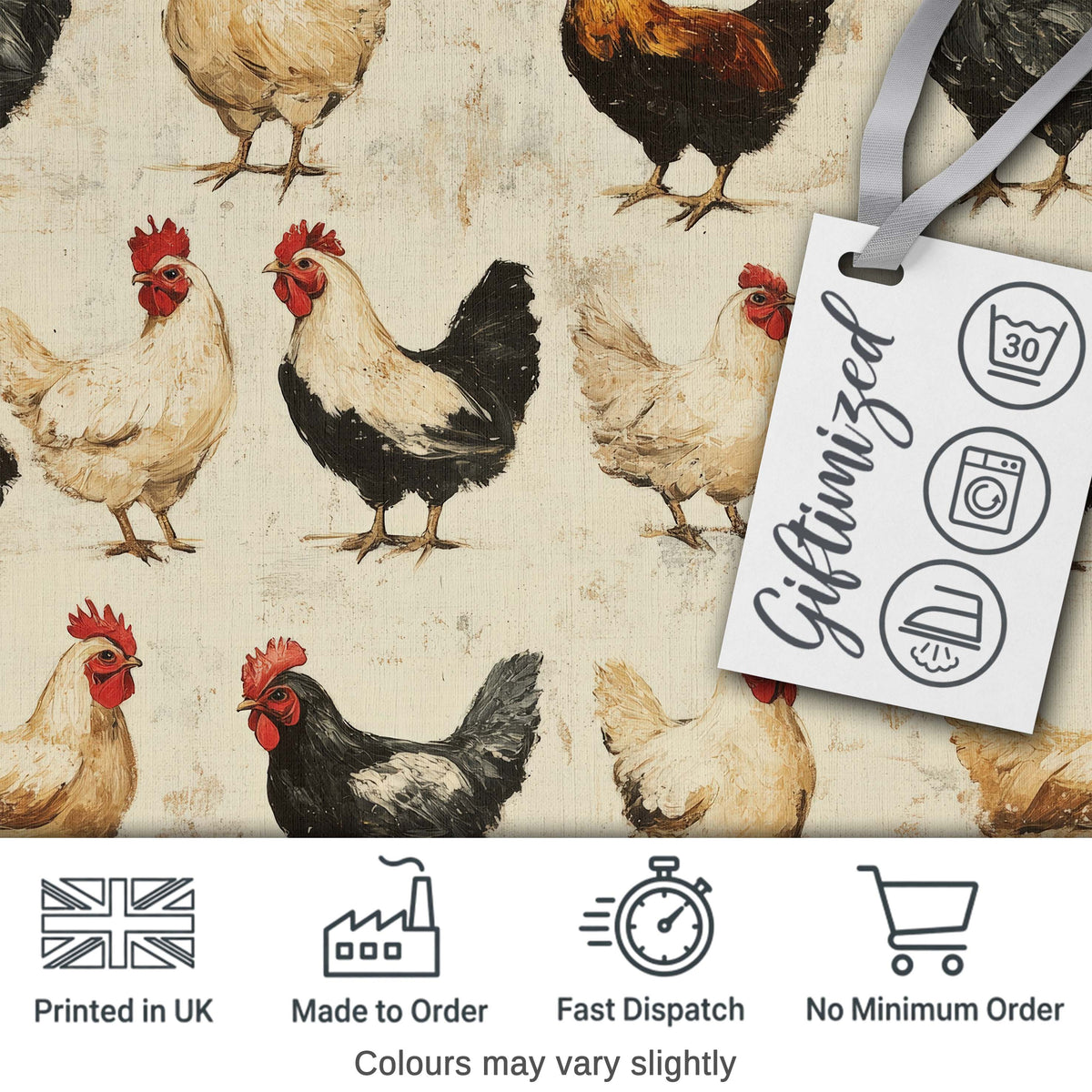 Country Farm Chicken Variety Illustration Seamless Pattern Digital Print Fabric by the Metre UK Sewing Quilting Textile